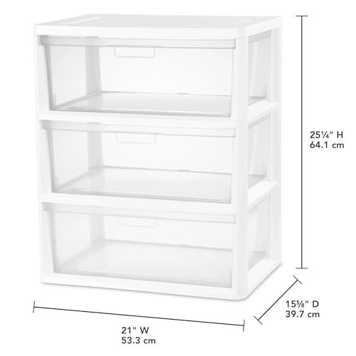 Plastic Drawer Wide Tower Plastic Storage Cart with Clear Pull Out Drawers, Black (White, 3 Drawer Wide Tower Broad) - color: White