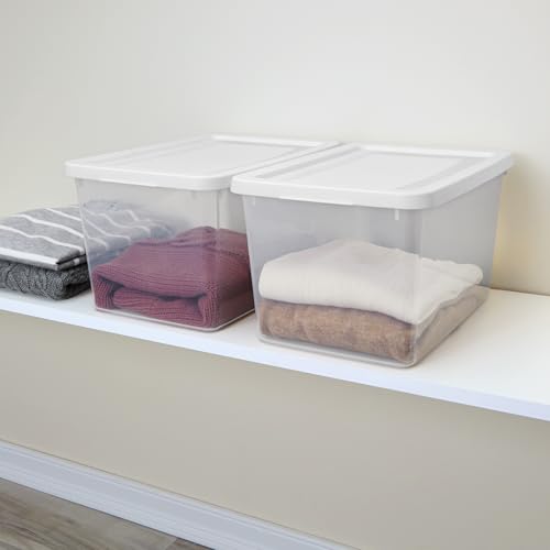 Sterilite 32 Pack Storage Box, 20 Quart Stackable Tote, Clear Plastic Container with Secure Snapping Lids for Home and Office Organization, White - size: 20 Quart, style: 32