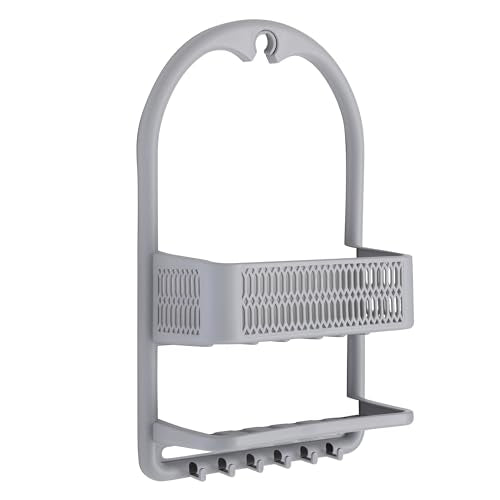 Bath Bliss Molded Shower Caddy | Bathroom Storage | Hangs Over Shower Head | 6 Accessory Hooks | Holds Razors | Washcloths | Accessories | Suction Cup Stability | Grey