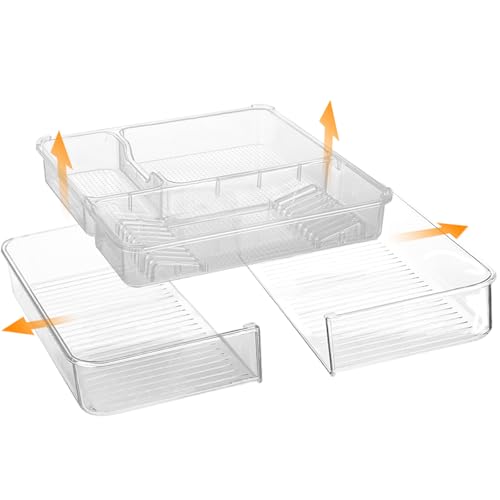 Expandable Drawer Organizer-Adjustable Shallow Tray, 11" to 19" Width,1.97" Height, Clear Plastic Storage for Bedroom, Living Room, Kitchen/Bathroom/Office/Cosmetic/Tools/Cutlery/Stationery