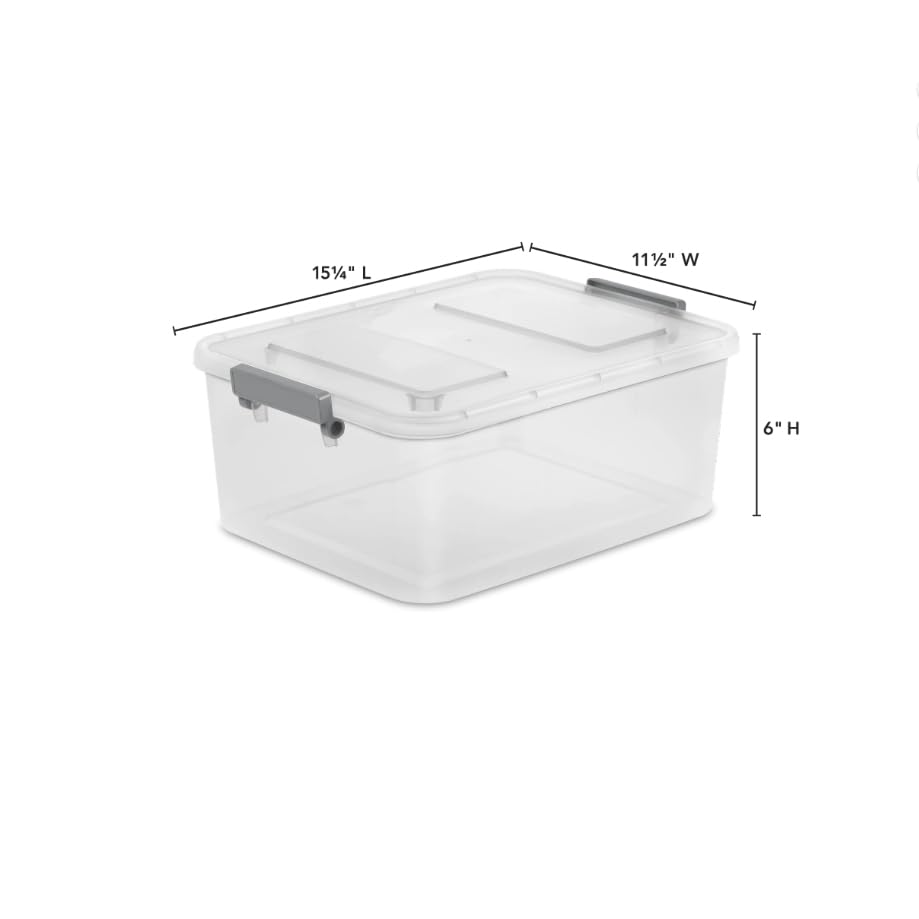 Modular Small Storage Bin, 12.7 Quart Latching Clear Plastic Storage Container with Write-on ID Latches, Gray