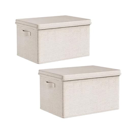 Fabric Storage Bins with Lids 14.6*10.6*10.2 in, 2-Pack Storage Baskets for Closet, Large Linen Organizers and Storage Bins for Bedroom, Collapsible Baskets and Bins with Handles, Off White - size: L