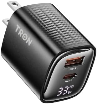 Tron 33W GaN Power Adapter Dual USB-C &amp USB-A Ports Universal Compatibility CNC Aluminum Construction AC 100-240V Input Digital DisplayTR14