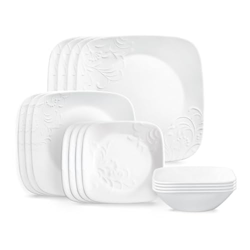 Corelle Cherish 16pc Dinnerware Set, Service for 4, 8 Plates 8 Bowls, Chip & Break Resistant, White Corelleware