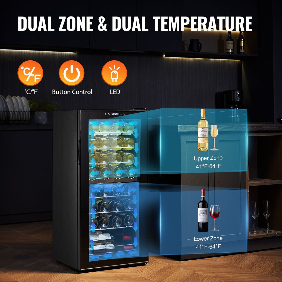 32-Bottle Wine Cooler, Dual Zone & Dual Temperature Wine Fridge, Freestanding Refrigerator with Digital Control, Tempered Glass Door with UV Protection, Red & White Wine Storage for Home Bar