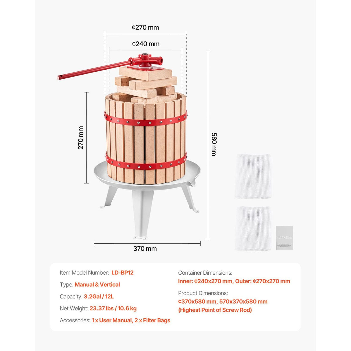 3.2 Gal/12L Fruit Wine Press, Solid Wood Basket with 8 Blocks, Heavy Duty Manual Juice Maker, Cider Apple Grape Tincture Honey Olive Oil Making Press with Handle for Kitchen, Home