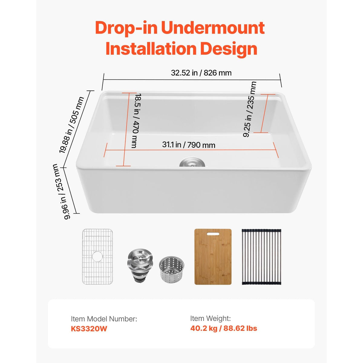 32.5x20 inch Farmhouse Sink, White Sink Workstation, Fireclay Undermount Basins, Apron Front Single Bowl Basin with Multiple Accessories, Large Capacity Household Dishwasher Sinks for Kitchen