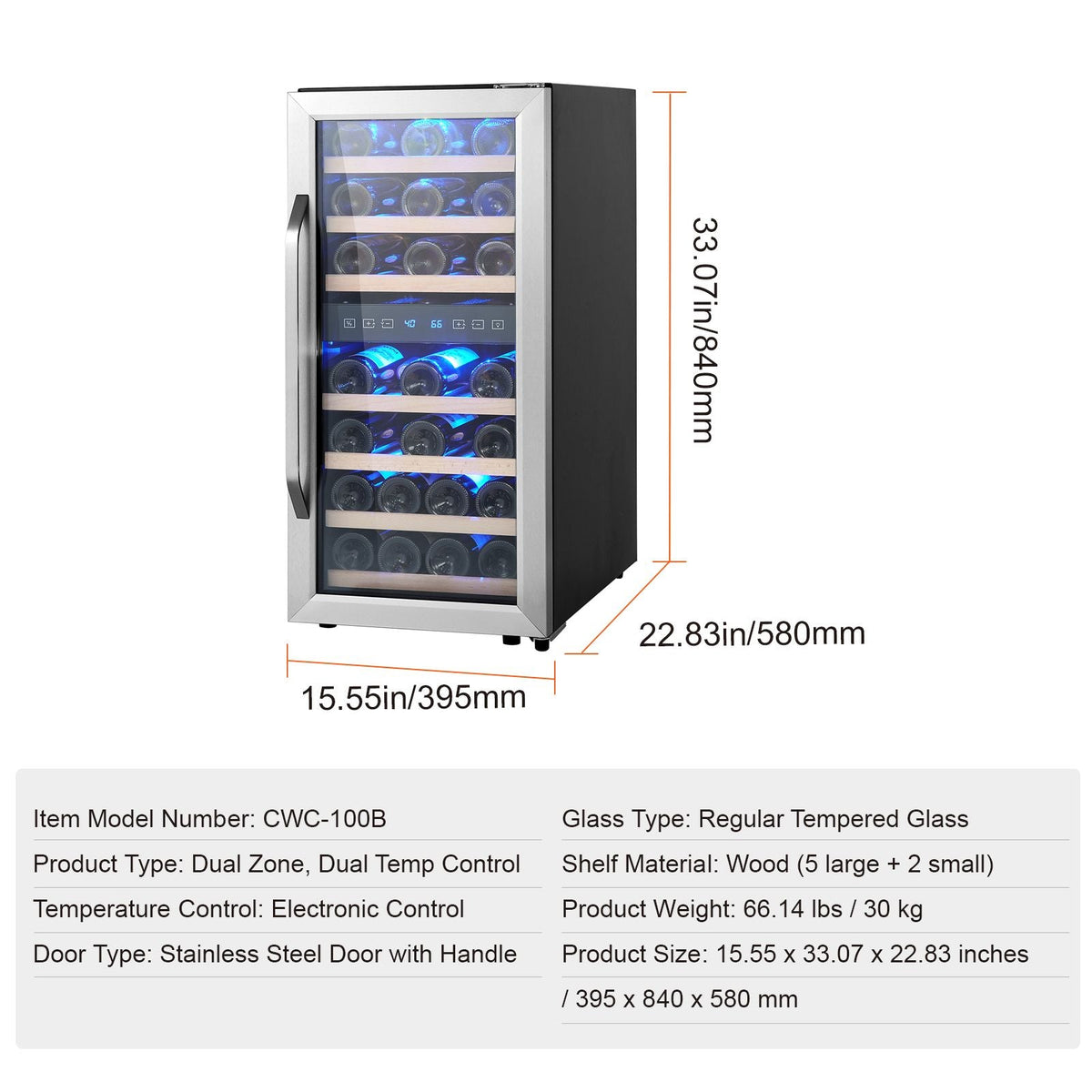 33-Bottle Wine Cooler, Dual Zone & Dual Temperature Wine Fridge, Freestanding Refrigerator with Circulating Air-cooling and Digital Control, Tempered Glass Door with UV Protection, for Home Bar