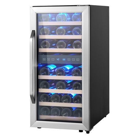 33-Bottle Wine Cooler, Dual Zone & Dual Temperature Wine Fridge, Freestanding Refrigerator with Circulating Air-cooling and Digital Control, Tempered Glass Door with UV Protection, for Home Bar