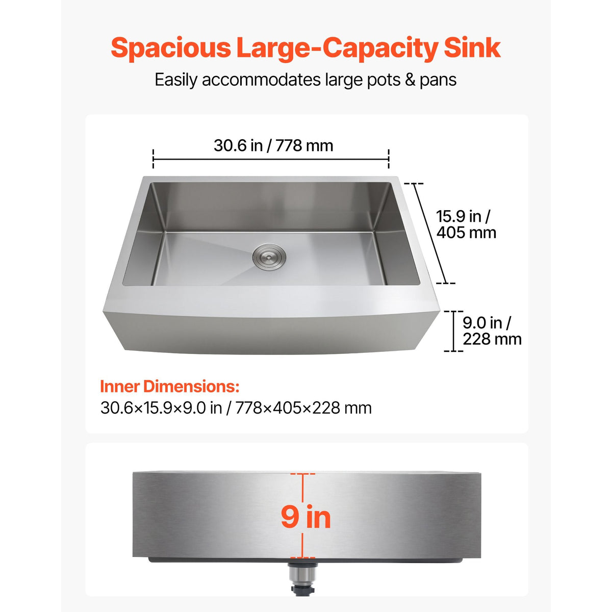 33-inch Kitchen Undermount Single Bowl Sinks, Stainless Steel Drop-In Farmhouse Basin with Accessories, Household Dishwasher Sinks for RV, Prep Kitchen, Laundry Room, Bar