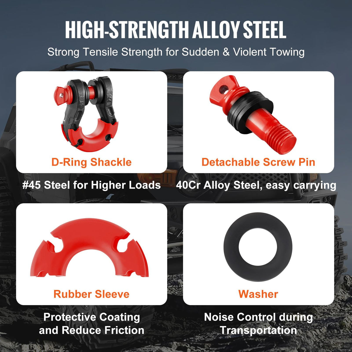 3/4" D-Ring Shackle, 2 Pack Alloy Steel Shackles 66139 lbs (30 Ton) Break Strength with 7/8" Screw Pin, Isolators & Washers, Heavy Duty Off Road Vehicle Recovery Shackle for Jeep Truck, Black