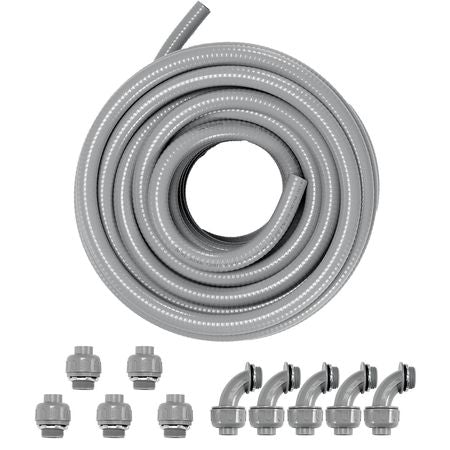 3/4-Inch Flexible Electrical Conduit, 100 ft, PVC Liquid-Tight Conduit Non-Metallic with 5 Straight and 5 90-Degree Conduit Connector Fittings, for Air Conditioning Motor Controller Pump, IP65
