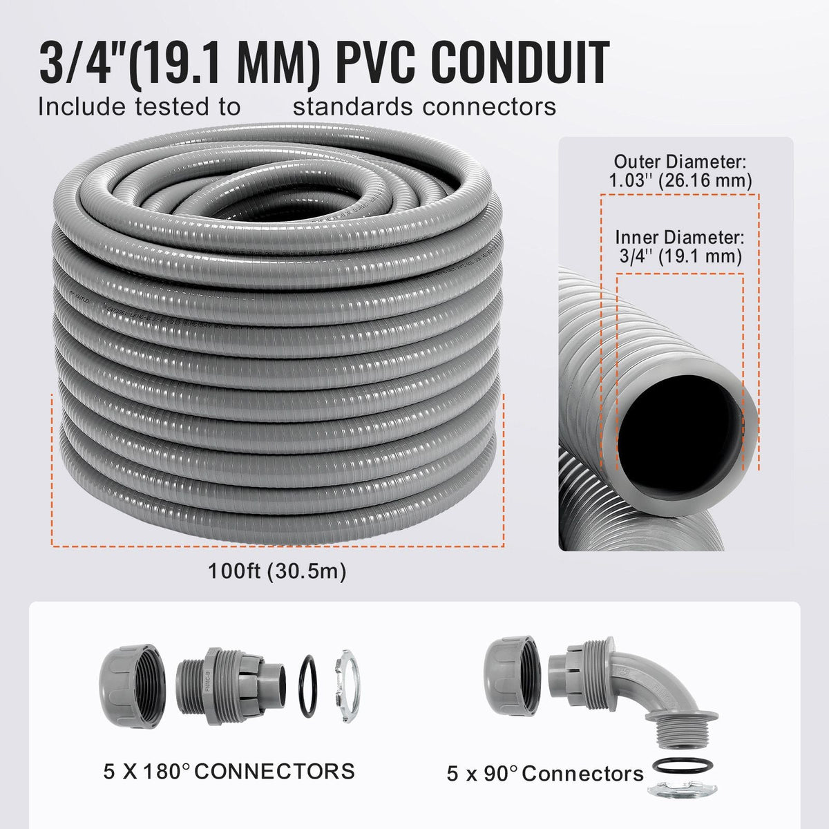 3/4-Inch Flexible Electrical Conduit, 100 ft, PVC Liquid-Tight Conduit Non-Metallic with 5 Straight and 5 90-Degree Conduit Connector Fittings, for Air Conditioning Motor Controller Pump, IP65