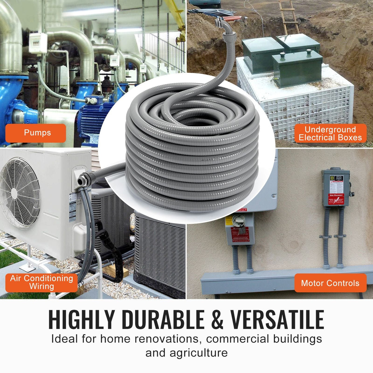 3/4-Inch Flexible Electrical Conduit, 100 ft, PVC Liquid-Tight Conduit Non-Metallic with 5 Straight and 5 90-Degree Conduit Connector Fittings, for Air Conditioning Motor Controller Pump, IP65