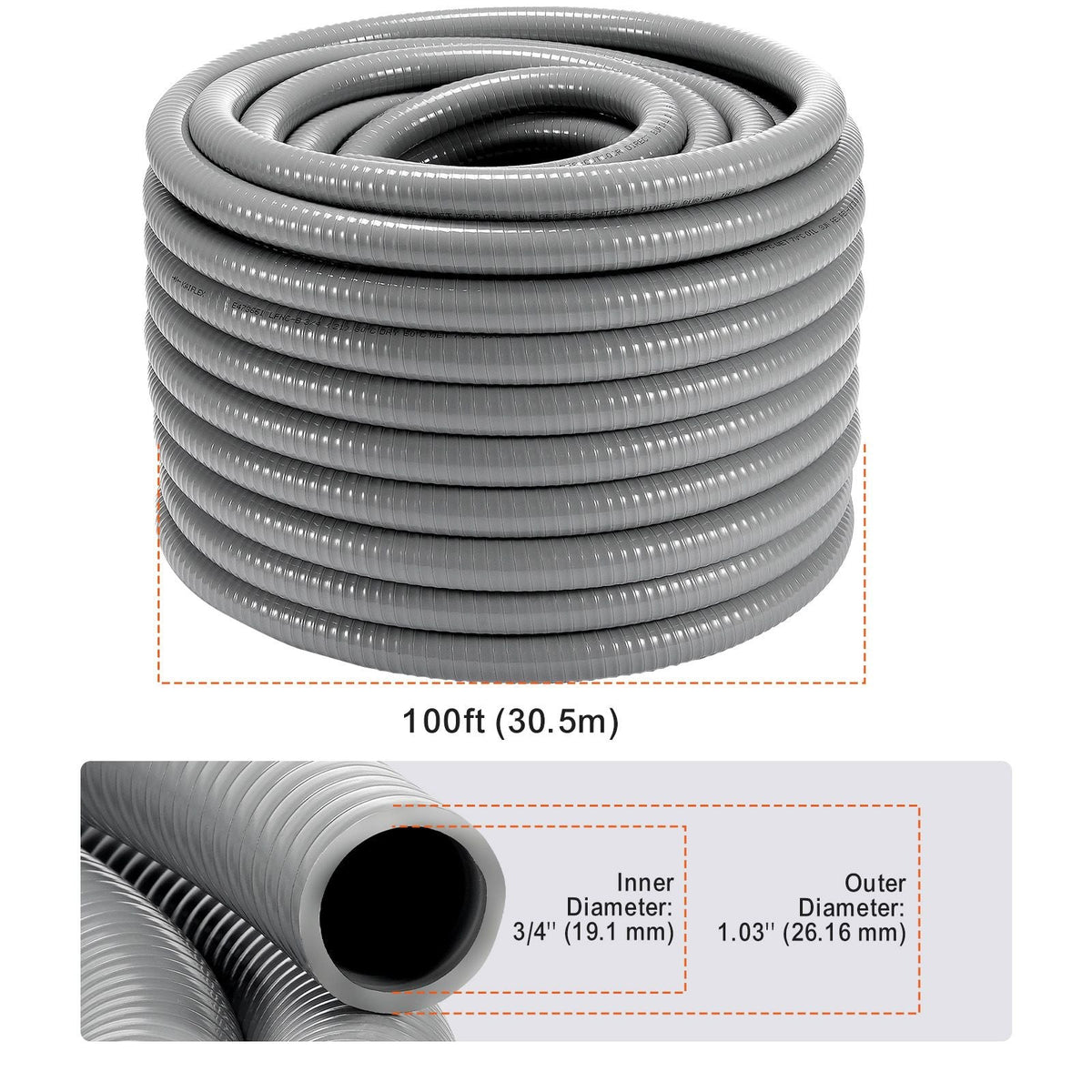 3/4-Inch Flexible Electrical Conduit, 100 ft, PVC Liquid-Tight Conduit Non-Metallic with 5 Straight and 5 90-Degree Conduit Connector Fittings, for Air Conditioning Motor Controller Pump, IP65