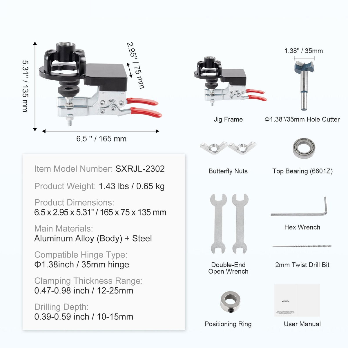 35 mm Concealed Door Hinge Jig, Aluminum Alloy Cabinet Hinge Jig, Accurate Locking Dual Clamp Fixation Hinge Drill Jig with Accessories, Woodworking Tool for Doors Cabinets Hinges Mounting