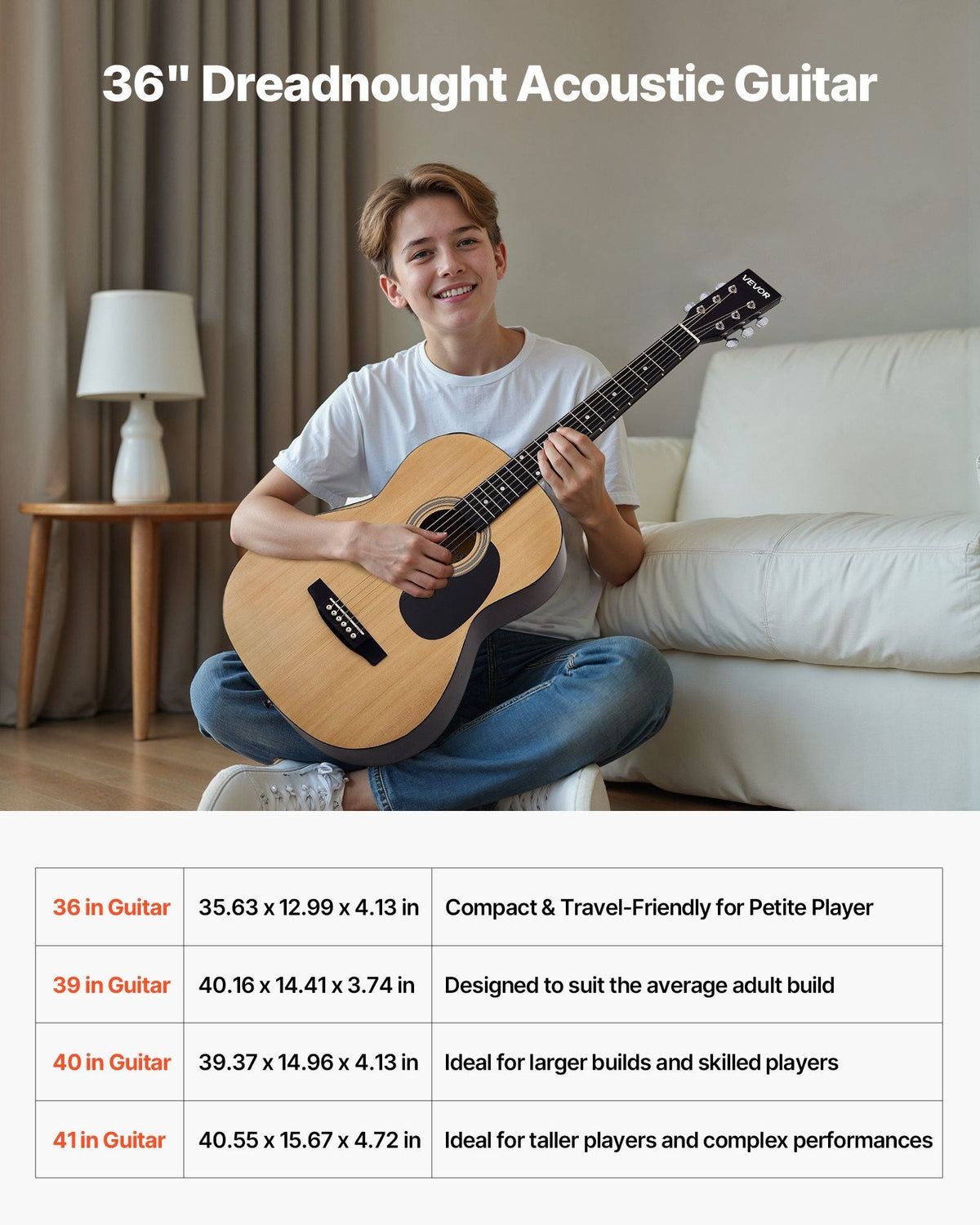 36 in Dreadnought Acoustic Guitar Natural Beginner Bundle with Gig Bag for Teen