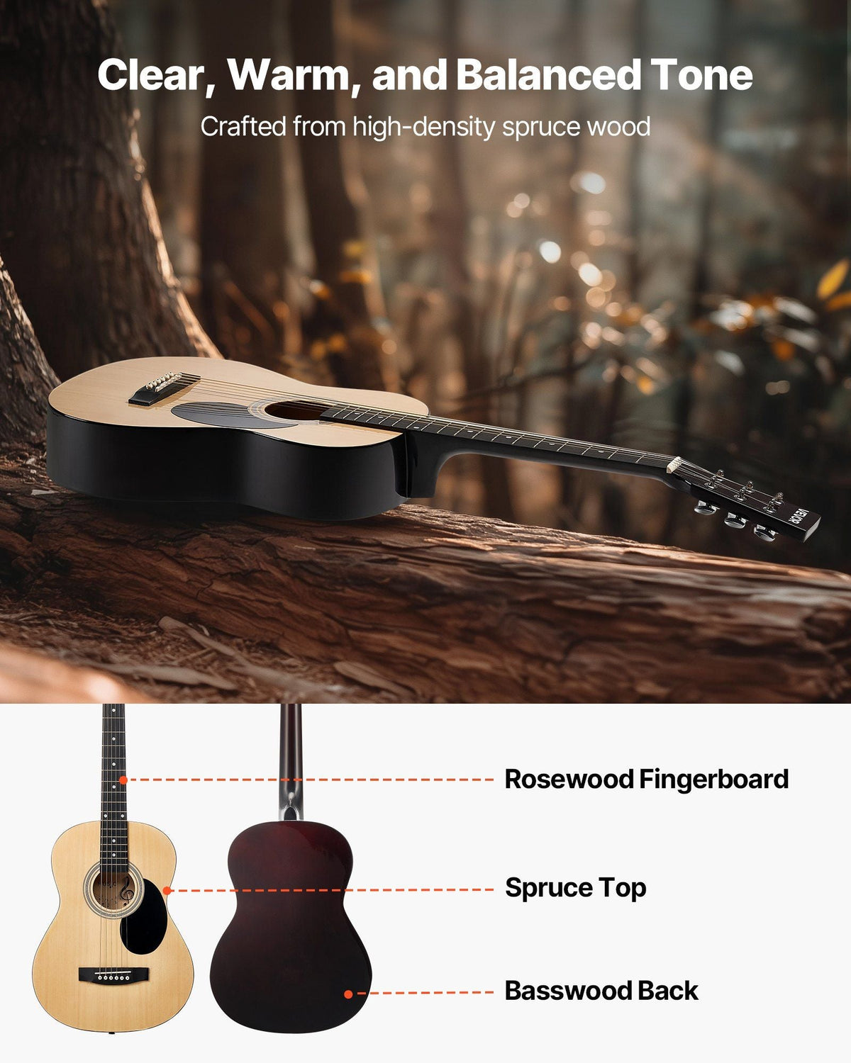 36 in Dreadnought Acoustic Guitar Natural Beginner Bundle with Gig Bag for Teen