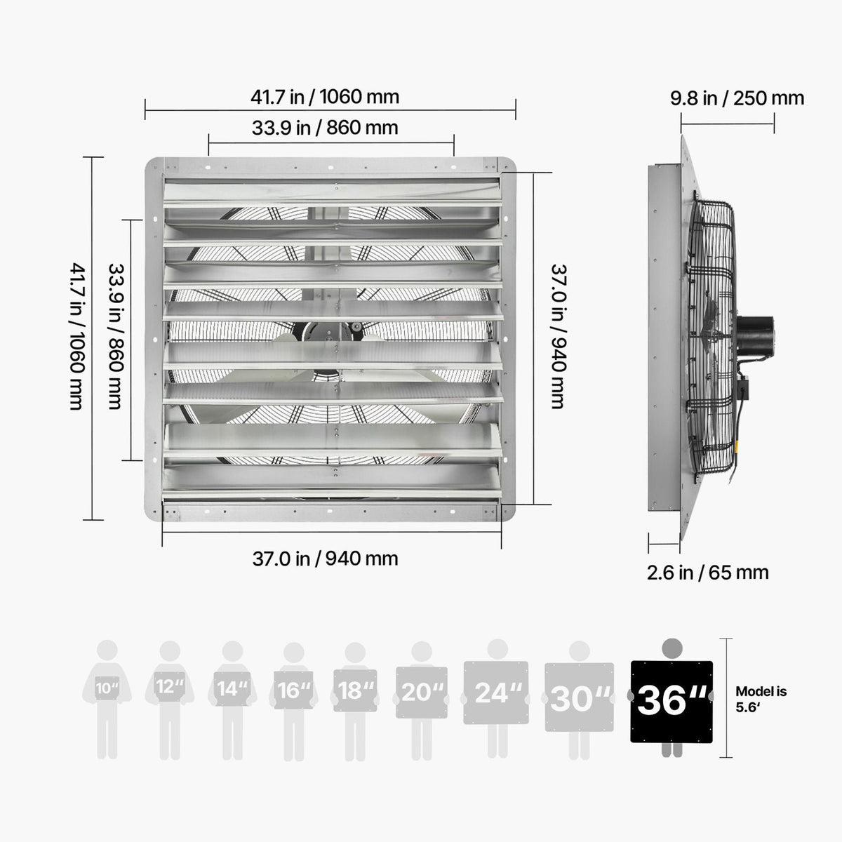 36 inch Shutter Exhaust Fan, Wall Mounted Attic Vent Fan with 11000 CFM Airflow, AC Motor, Heavy-duty Steel Construction, Low Noise for Shed, Garage, Greenhouse Ventilation Cooling, Silver