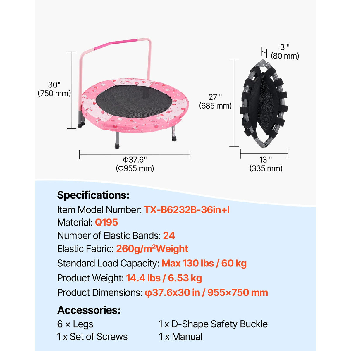 36" Kids Trampoline, 3FT Indoor Outdoor Trampoline, Foldable Mini Trampoline with Handle, Rebounder Trampoline for Toddlers, Birthday Gift for 3+ Years Children, Boys Girls for Fun, Red