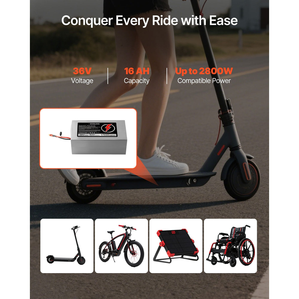 36V Electric Scooter Battery, 16Ah, Ebike Lithium Battery Pack with 30A BMS, Charger, T-Plug Expansion Cable, 500+ Cycles, Compatible with 2880W Motors, for Electric Bikes Bicycles, Scooters