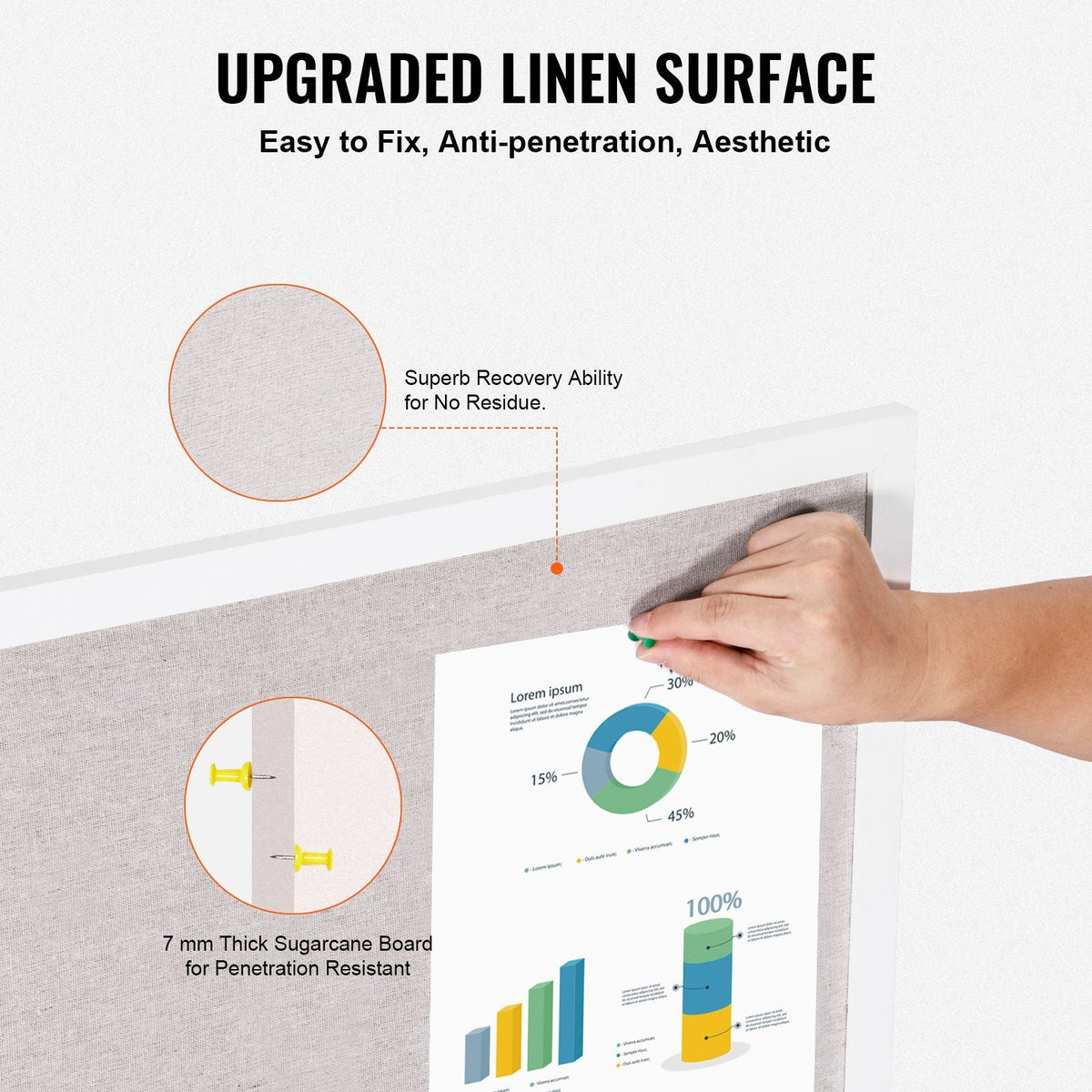 36"x24" White Cork Board with Linen Surface – Stylish Wall-Mounted Bulletin Board for Home, School, Office – Elegant & Functional Noticeboard