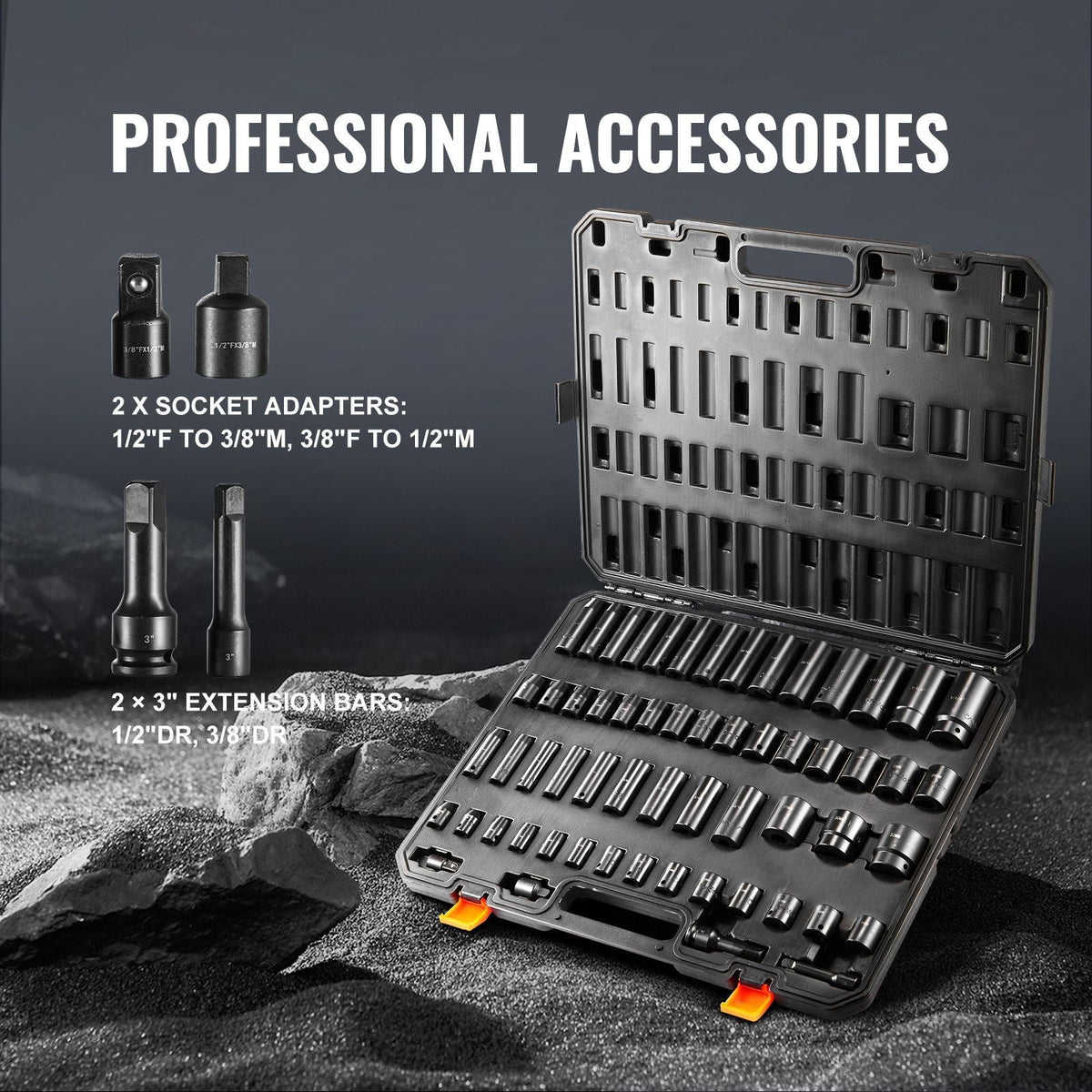 3/8" & 1/2" Drive Impact Socket Set, 59PCS Socket Set SAE 5/16" to 1-1/4" and Metric 6-32mm, 6 Point Cr-Mo Alloy Steel for Auto Repair, Easy-to-Read Markings, Rugged Construction, Storage Case