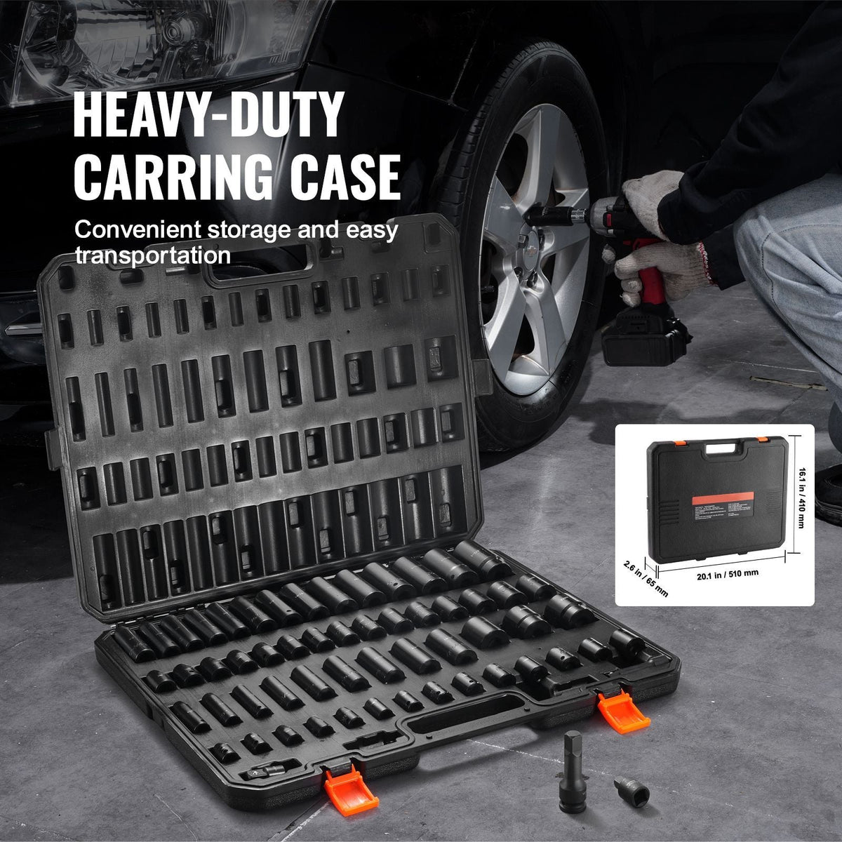 3/8" & 1/2" Drive Impact Socket Set, 59PCS Socket Set SAE 5/16" to 1-1/4" and Metric 6-32mm, 6 Point Cr-Mo Alloy Steel for Auto Repair, Easy-to-Read Markings, Rugged Construction, Storage Case