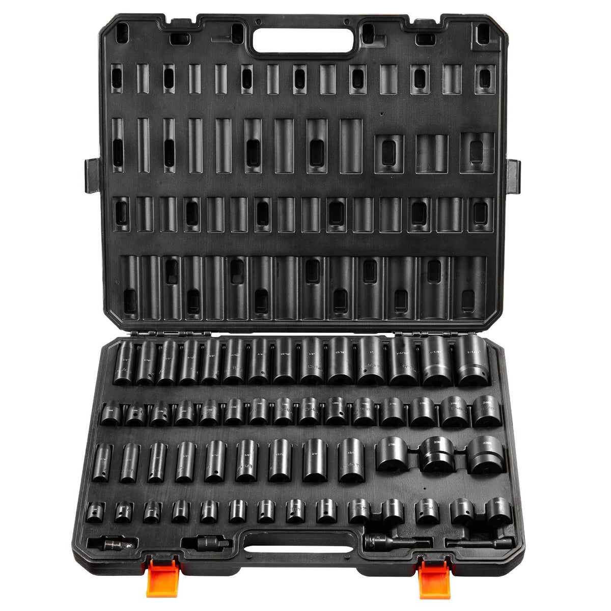 3/8" & 1/2" Drive Impact Socket Set, 59PCS Socket Set SAE 5/16" to 1-1/4" and Metric 6-32mm, 6 Point Cr-Mo Alloy Steel for Auto Repair, Easy-to-Read Markings, Rugged Construction, Storage Case