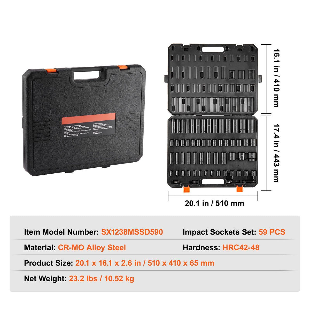 3/8" & 1/2" Drive Impact Socket Set, 59PCS Socket Set SAE 5/16" to 1-1/4" and Metric 6-32mm, 6 Point Cr-Mo Alloy Steel for Auto Repair, Easy-to-Read Markings, Rugged Construction, Storage Case