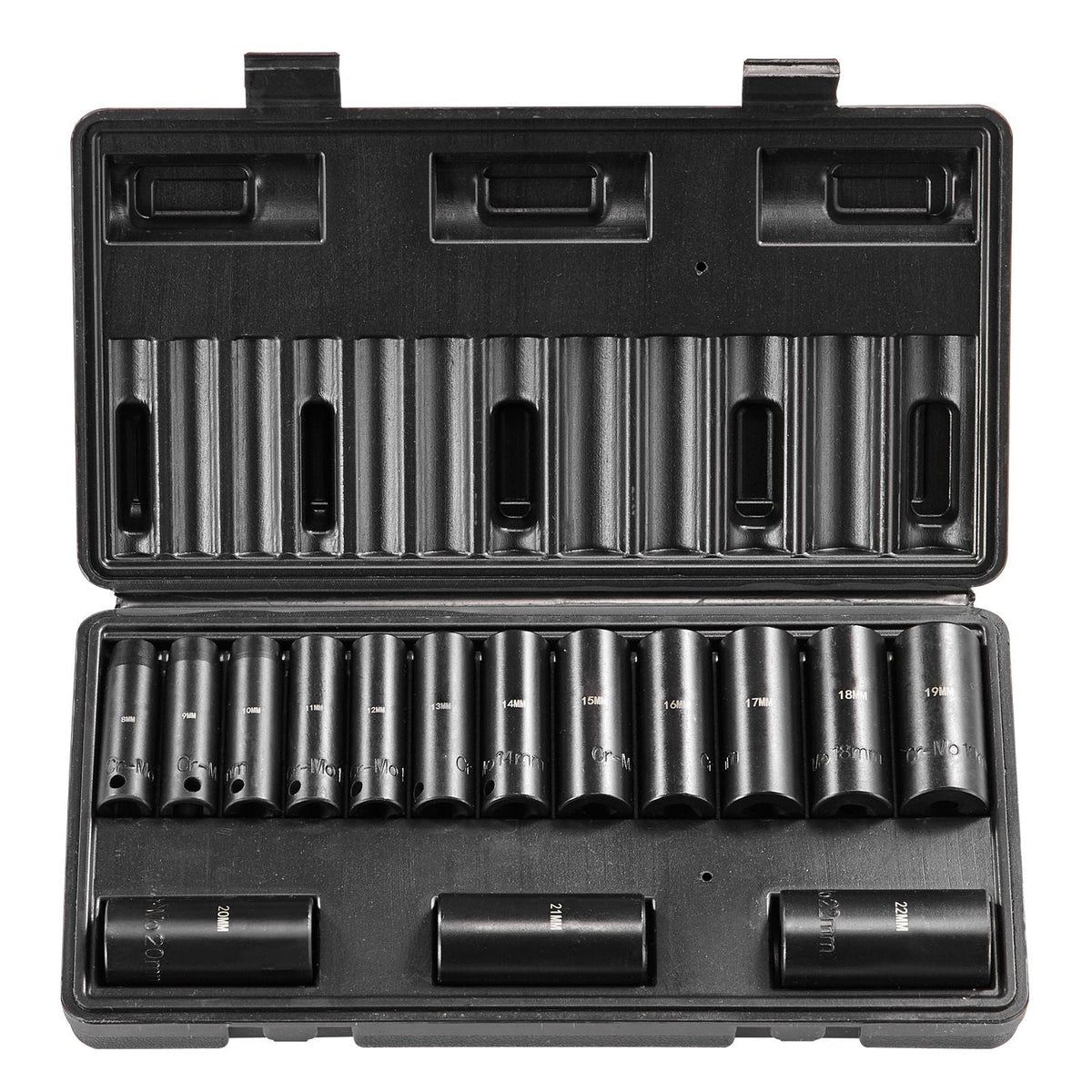 3/8" Drive Impact Socket Set, 15 Piece Deep Socket Set Metric 8-22mm, 6 Point Cr-Mo Alloy Steel for Auto Repair, Easy-to-Read Size Markings, Rugged Construction, Includes Storage Case