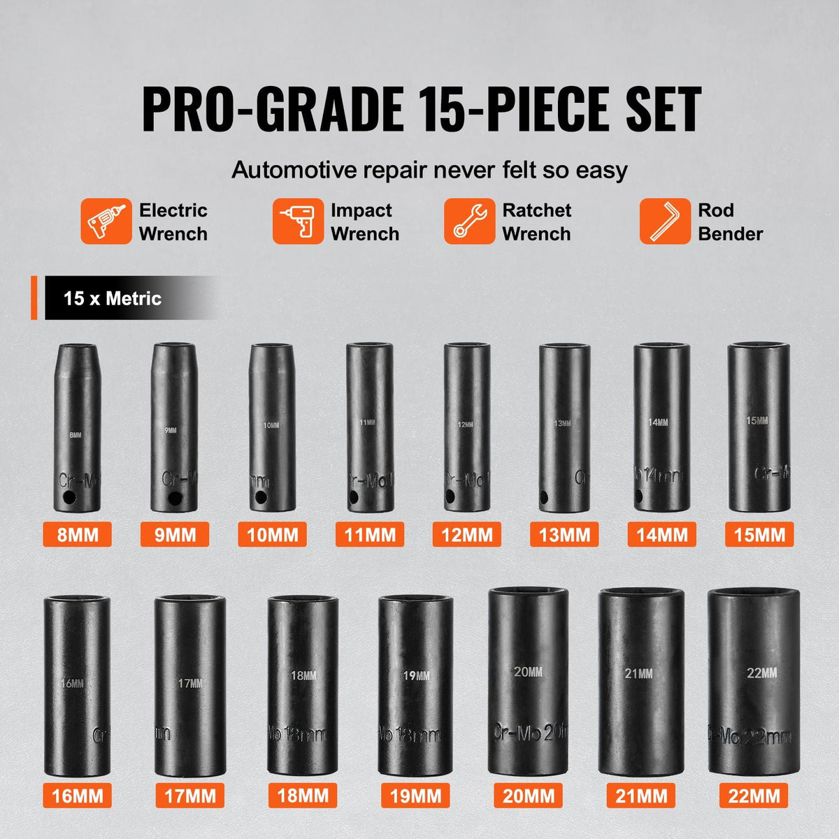 3/8" Drive Impact Socket Set, 15 Piece Deep Socket Set Metric 8-22mm, 6 Point Cr-Mo Alloy Steel for Auto Repair, Easy-to-Read Size Markings, Rugged Construction, Includes Storage Case
