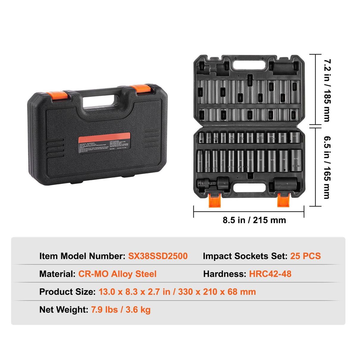 3/8" Drive Impact Socket Set, 25 Piece Deep & Shallow Socket Set SAE 5/16" - 1", 6 Point Cr-Mo Alloy Steel for Auto Repair, Easy-to-Read Size Markings, Rugged Construction, Includes Storage Case