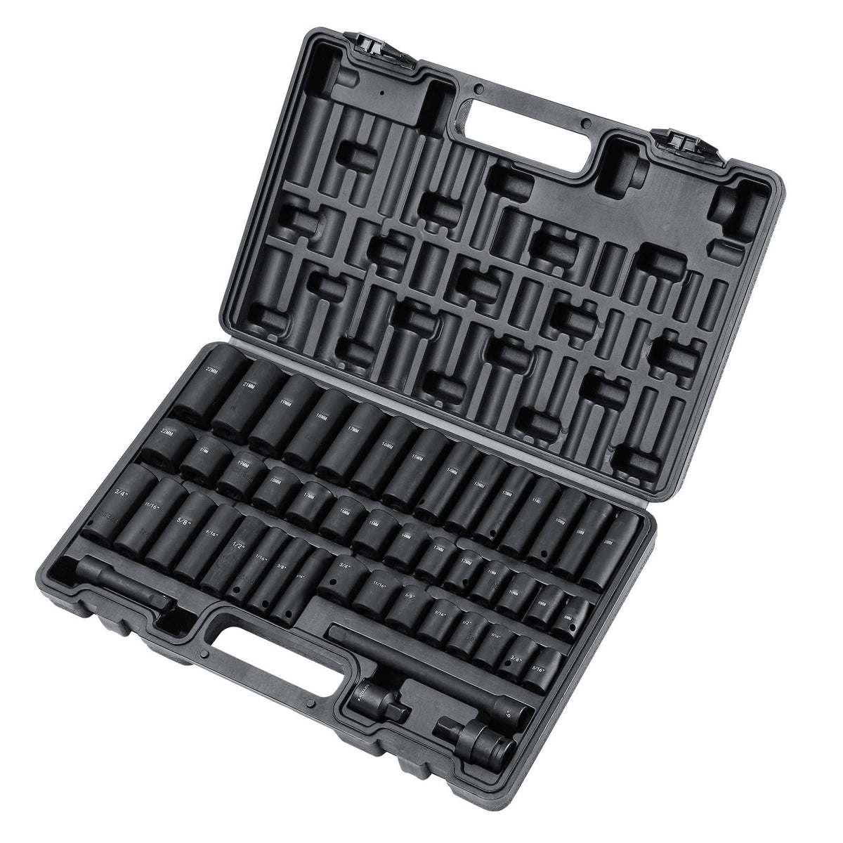 3/8" Drive Impact Socket Set, 48 Piece Socket Set SAE (5/16" -3/4") & Metric (8-22mm)6 Point Cr-V Drive Extension Bar Universal Joint & Power Drill Adapter Includes Storage Case