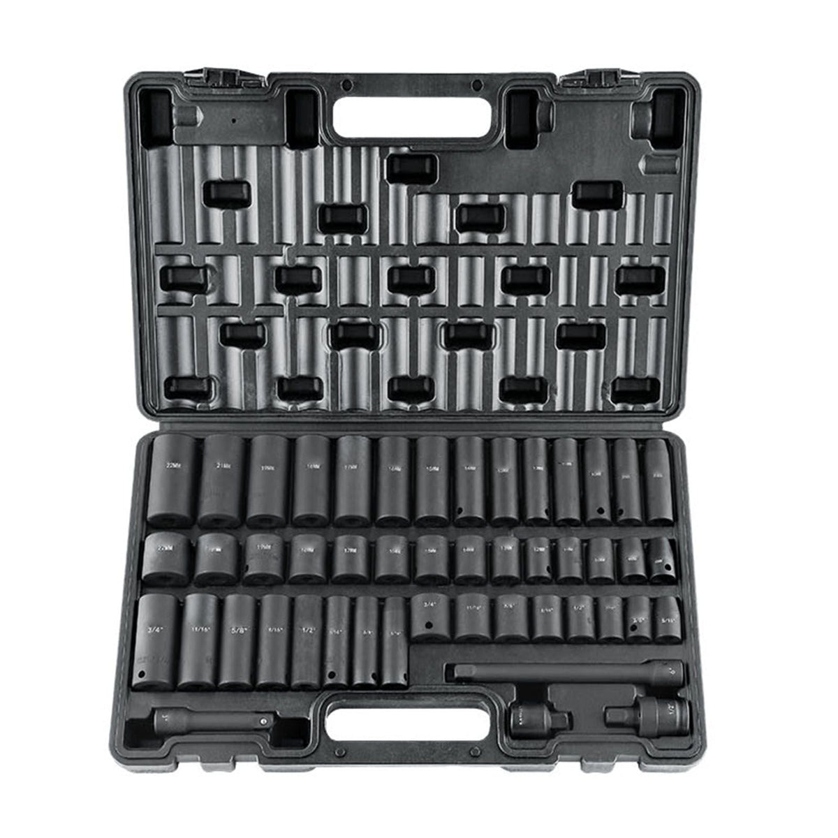 3/8" Drive Impact Socket Set, 48 Piece Socket Set SAE (5/16" -3/4") & Metric (8-22mm)6 Point Cr-V Drive Extension Bar Universal Joint & Power Drill Adapter Includes Storage Case