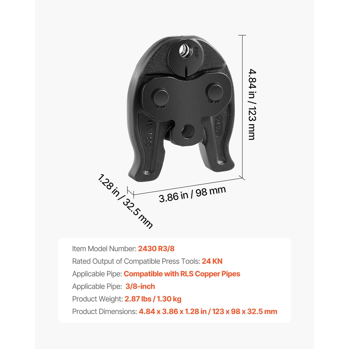 3/8" Press Jaw for Compact Series Press Tools, 52 HRC Hardened Steel Pressing Jaw for High Pressure HVAC/R Applications - Compatible with 24KN Press Tools for RLS Copper Pipes Connections