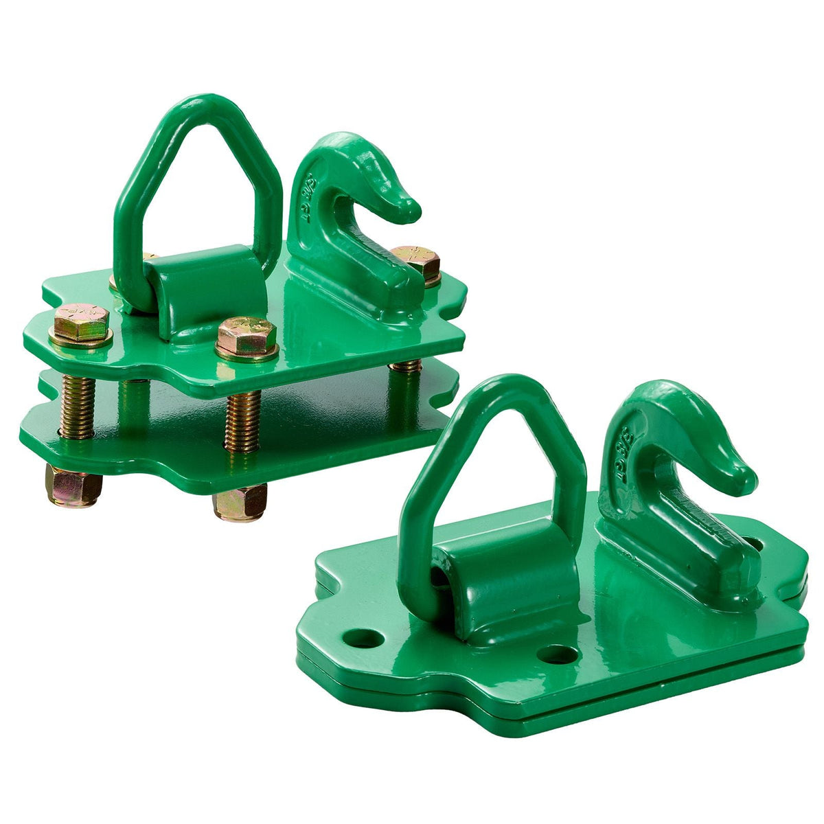 3/8" Tractor Bucket Hooks with Tie Down Ring, Grade 70 Forged Steel 2 Pack Bolt-On Grab Hook with Back Plates Work Well for Tractor Bucket RV UTV Truck Maximum Break Strength 15,000 lbs, Green