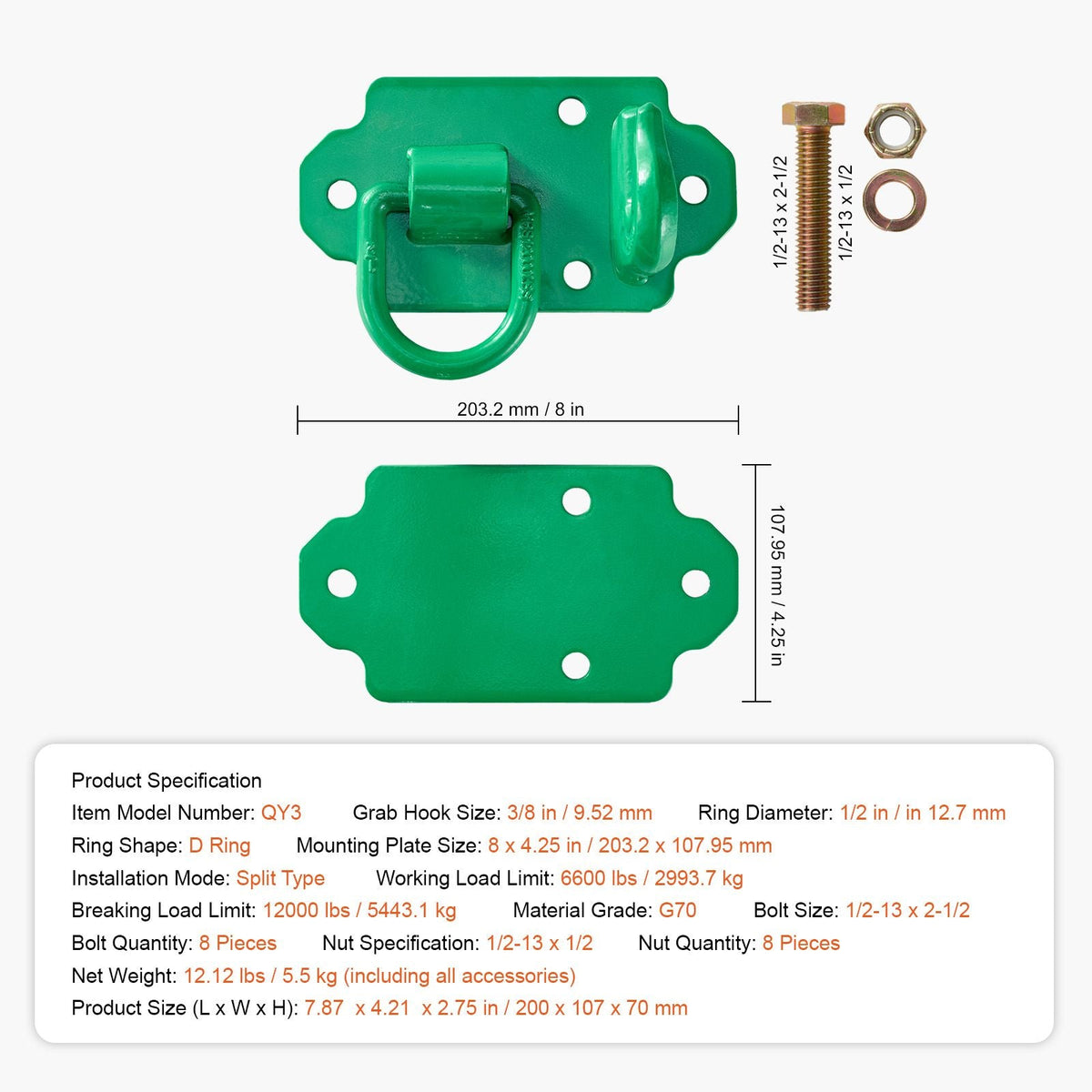 3/8" Tractor Bucket Hooks with Tie Down Ring, Grade 70 Forged Steel 2 Pack Bolt-On Grab Hook with Back Plates Work Well for Tractor Bucket RV UTV Truck Maximum Break Strength 15,000 lbs, Green
