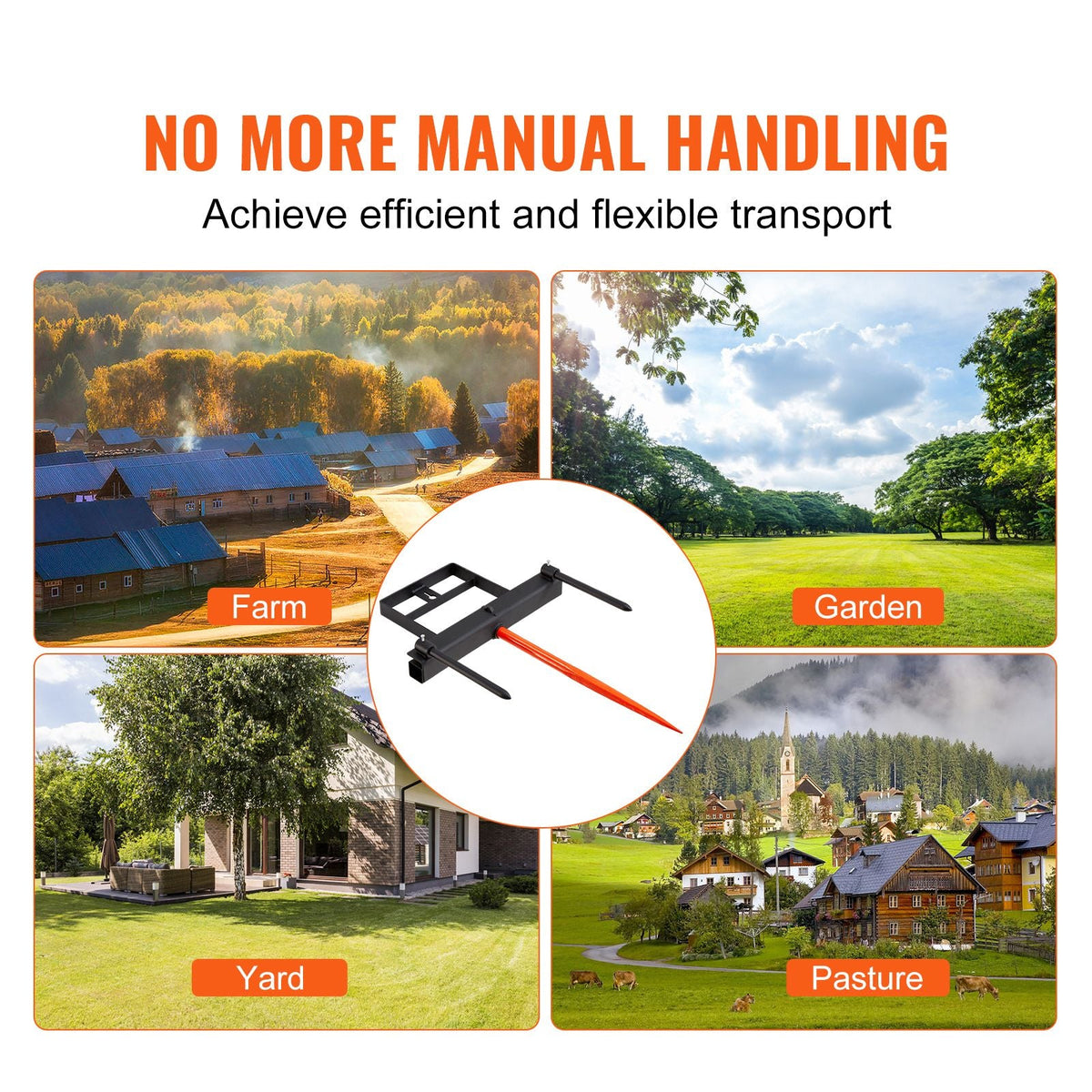 39" Hay Spear, Bale Spears 1600lbs Loading Capacity, Skid Steer Loader Tractor Bucket Attachment with 2pcs 17.5" Stabilizer Spears and 60" Chain, Quick Attach Spike Forks