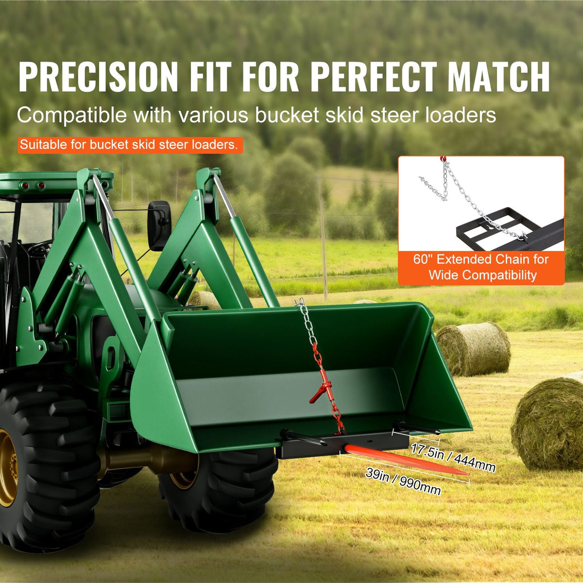 39" Hay Spear, Bale Spears 1600lbs Loading Capacity, Skid Steer Loader Tractor Bucket Attachment with 2pcs 17.5" Stabilizer Spears and 60" Chain, Quick Attach Spike Forks