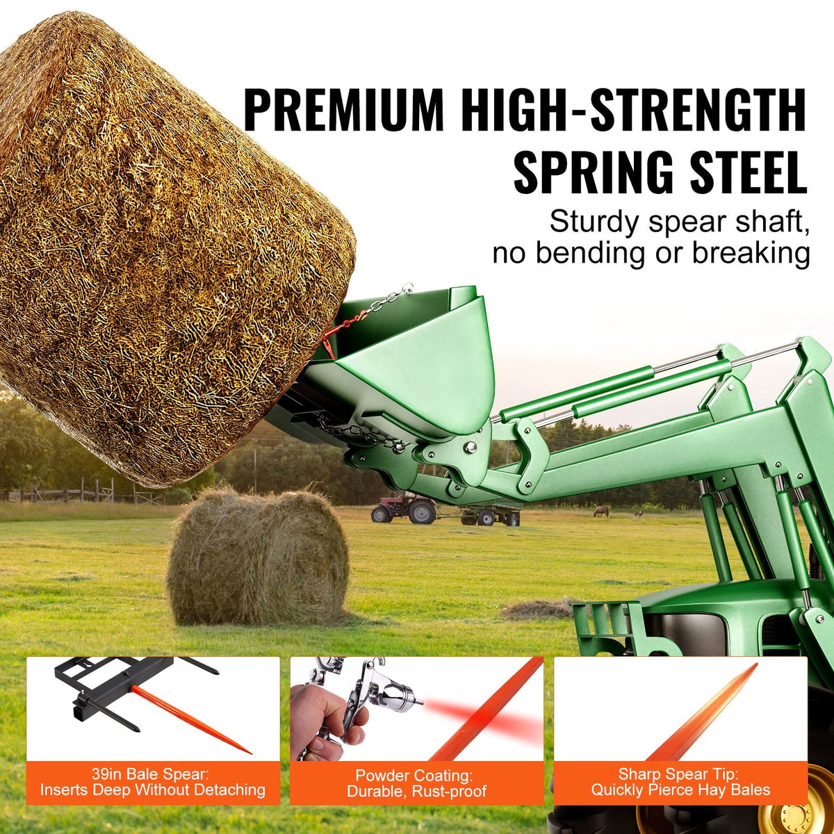 39" Hay Spear, Bale Spears 1600lbs Loading Capacity, Skid Steer Loader Tractor Bucket Attachment with 2pcs 17.5" Stabilizer Spears and 60" Chain, Quick Attach Spike Forks