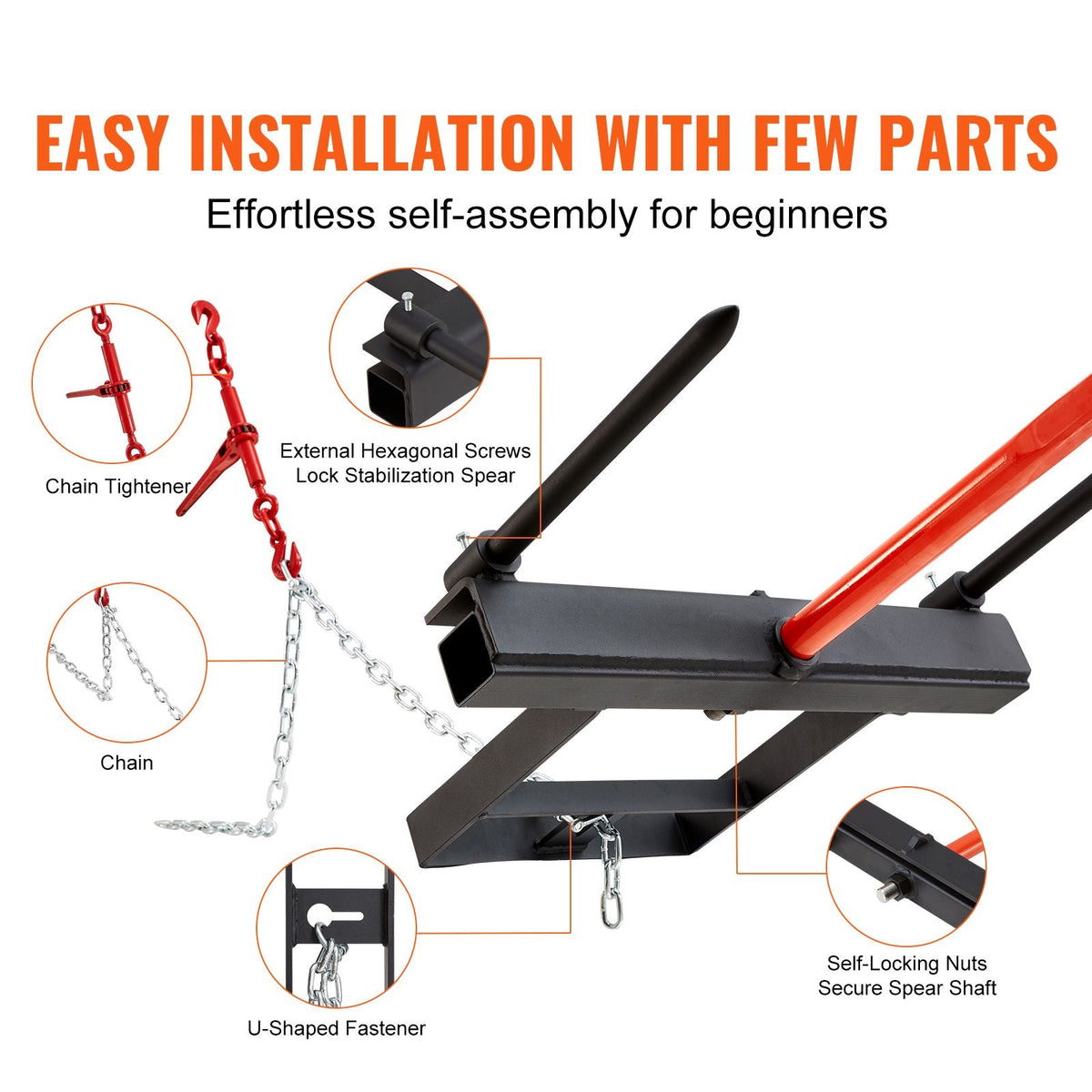 39" Hay Spear, Bale Spears 1600lbs Loading Capacity, Skid Steer Loader Tractor Bucket Attachment with 2pcs 17.5" Stabilizer Spears and 60" Chain, Quick Attach Spike Forks
