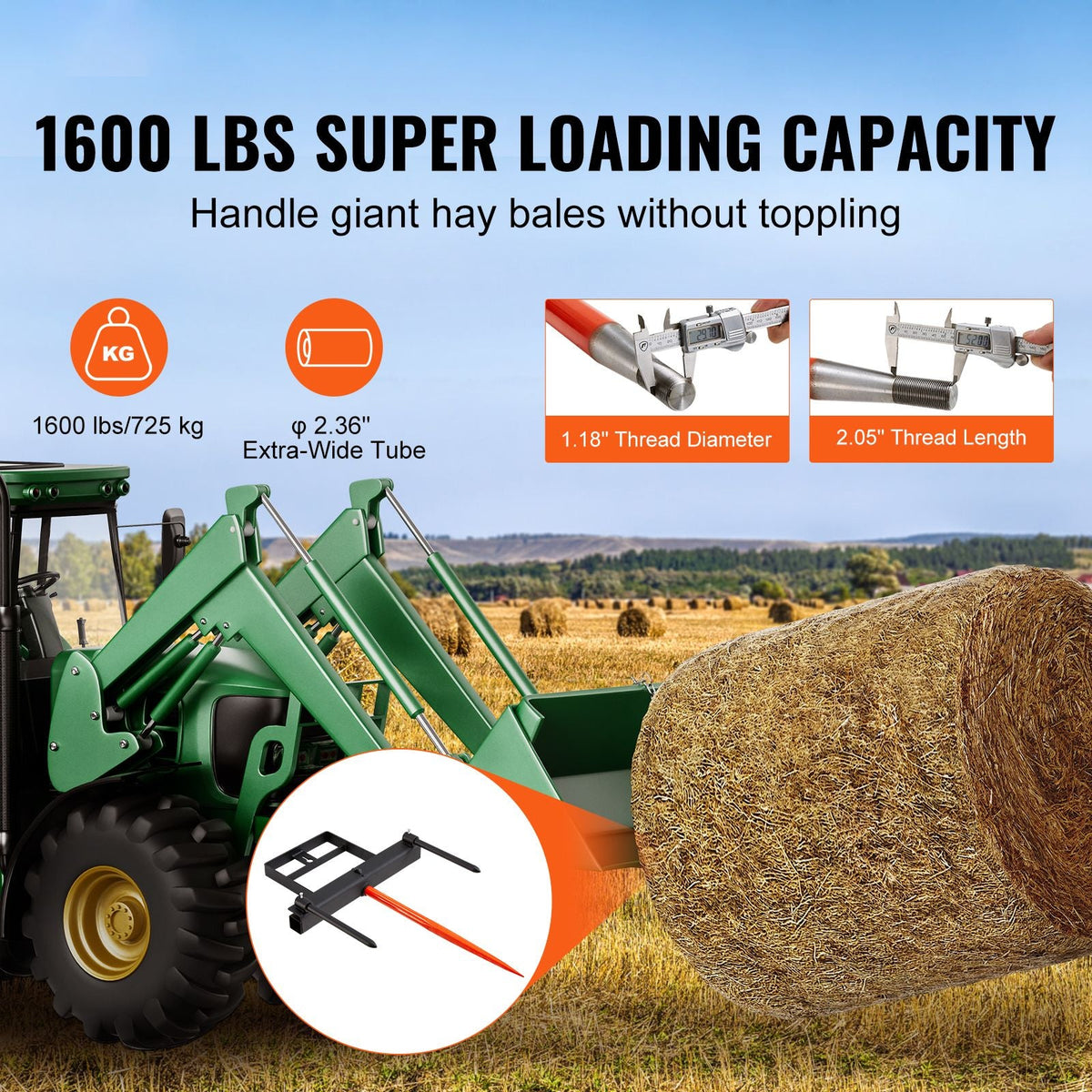 39" Hay Spear, Bale Spears 1600lbs Loading Capacity, Skid Steer Loader Tractor Bucket Attachment with 2pcs 17.5" Stabilizer Spears and 60" Chain, Quick Attach Spike Forks