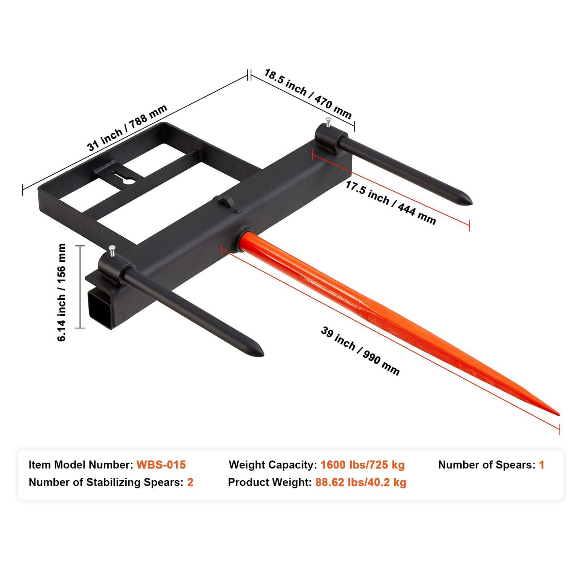 39" Hay Spear, Bale Spears 1600lbs Loading Capacity, Skid Steer Loader Tractor Bucket Attachment with 2pcs 17.5" Stabilizer Spears and 60" Chain, Quick Attach Spike Forks