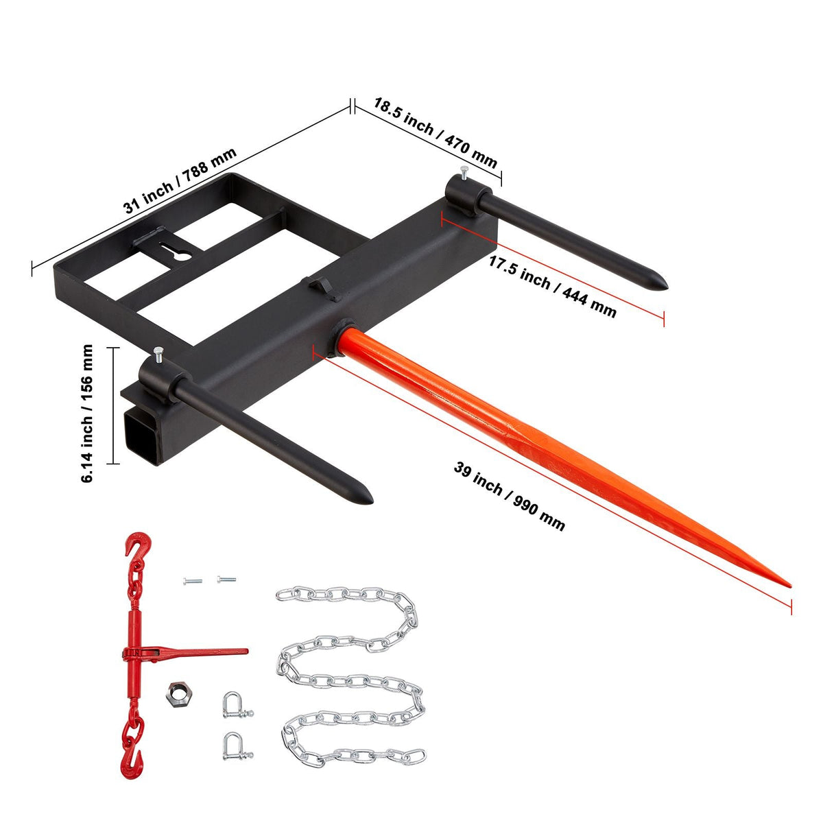 39" Hay Spear, Bale Spears 1600lbs Loading Capacity, Skid Steer Loader Tractor Bucket Attachment with 2pcs 17.5" Stabilizer Spears and 60" Chain, Quick Attach Spike Forks