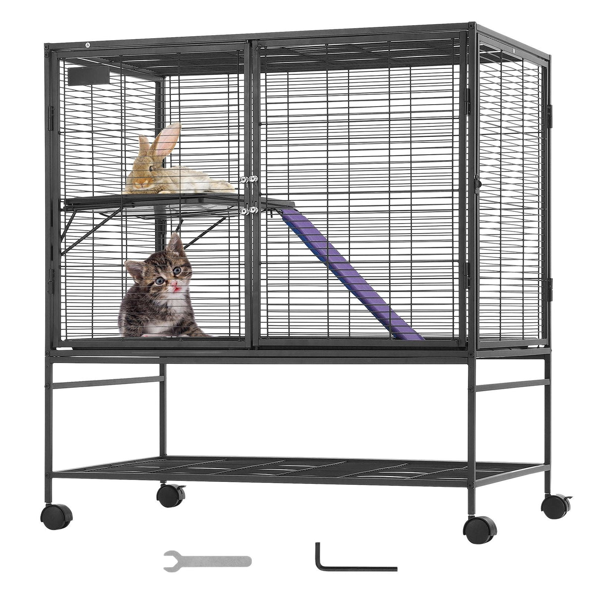 39" Rolling Metal Ferret Cage, Large 2-Tier Cage, Small Animal Cage with Ramps & Tray, Easy to Set up for Pet Rats, Hamster, Guinea Pig, Chinchilla, Squirrel, Hedgehogs, Bunny