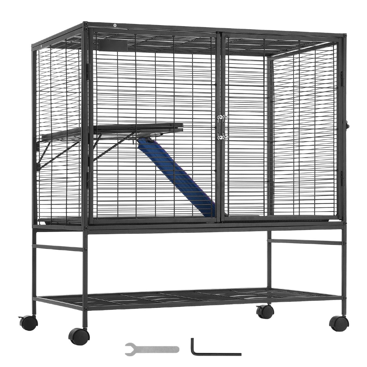 39" Rolling Metal Ferret Cage, Large 2-Tier Cage, Small Animal Cage with Ramps & Tray, Easy to Set up for Pet Rats, Hamster, Guinea Pig, Chinchilla, Squirrel, Hedgehogs, Bunny
