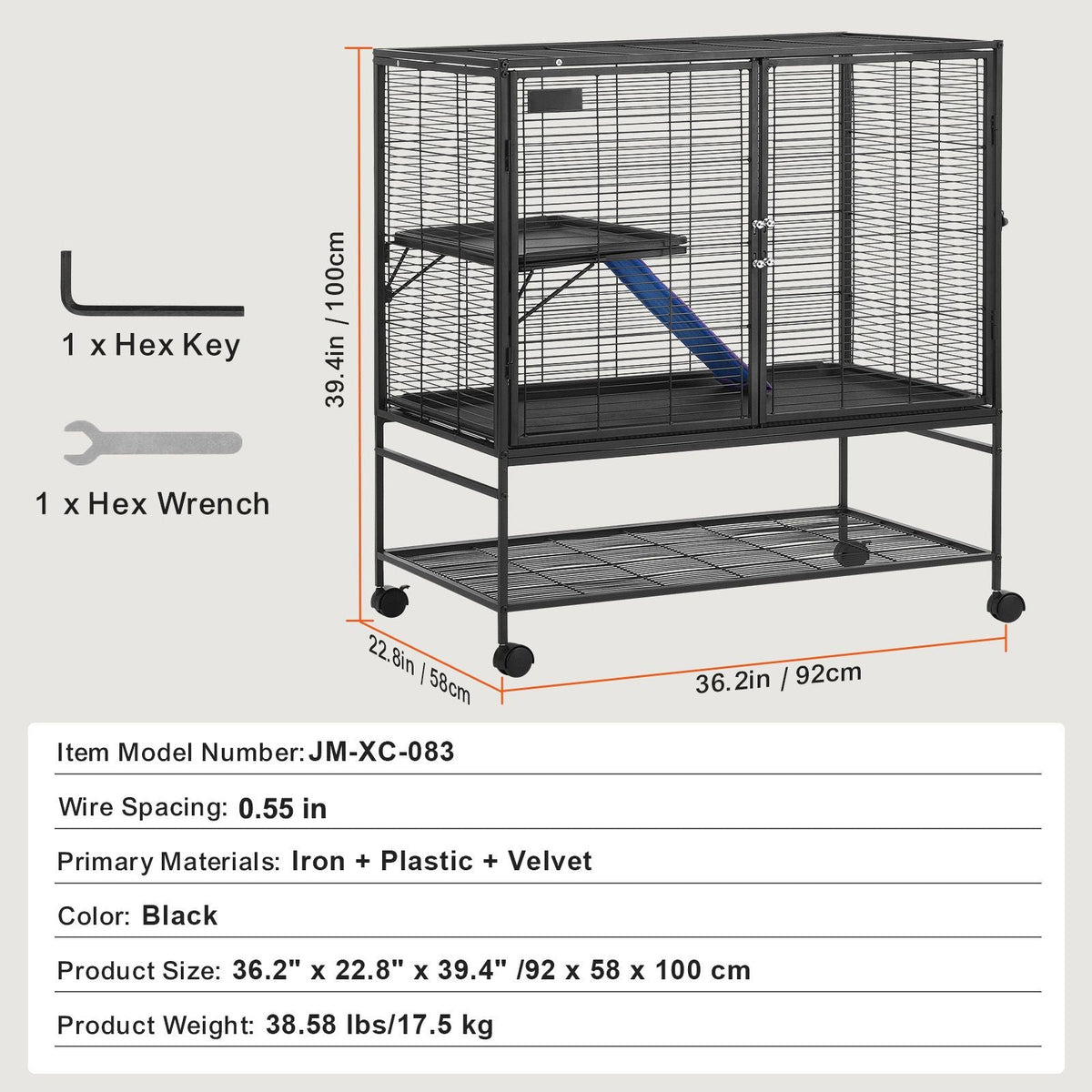 39" Rolling Metal Ferret Cage, Large 2-Tier Cage, Small Animal Cage with Ramps & Tray, Easy to Set up for Pet Rats, Hamster, Guinea Pig, Chinchilla, Squirrel, Hedgehogs, Bunny