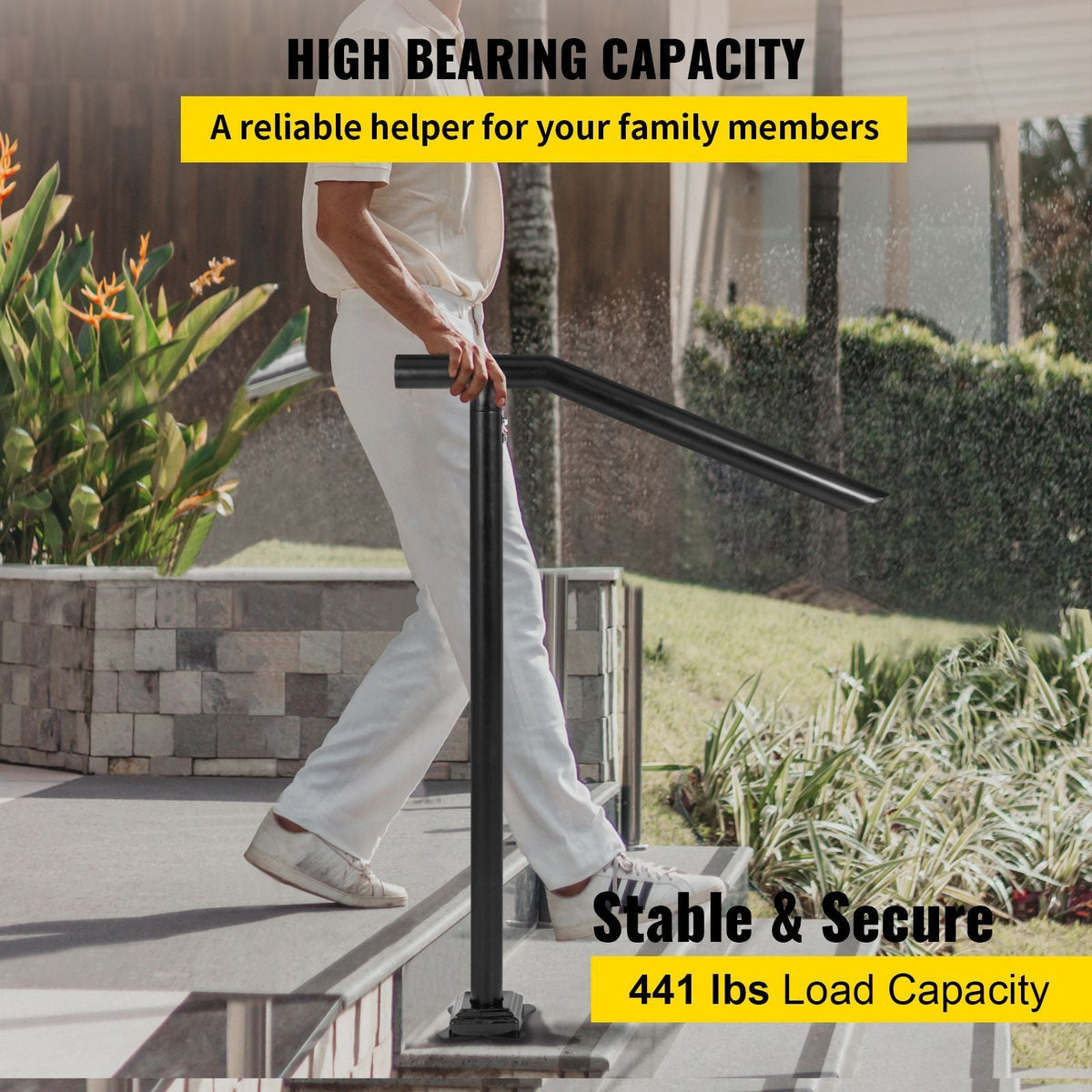 3Ft Step Railing, Iron Stair Handrail Floor Mounted Sturdy Black Arched Handrails for Outdoor Indoor Steps Fits 2 to 3 Steps