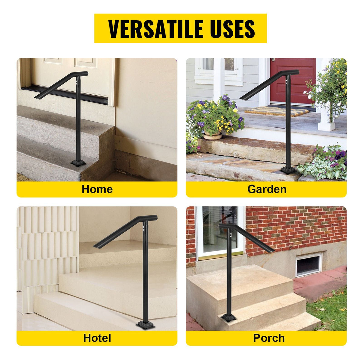 3Ft Step Railing, Iron Stair Handrail Floor Mounted Sturdy Black Arched Handrails for Outdoor Indoor Steps Fits 2 to 3 Steps